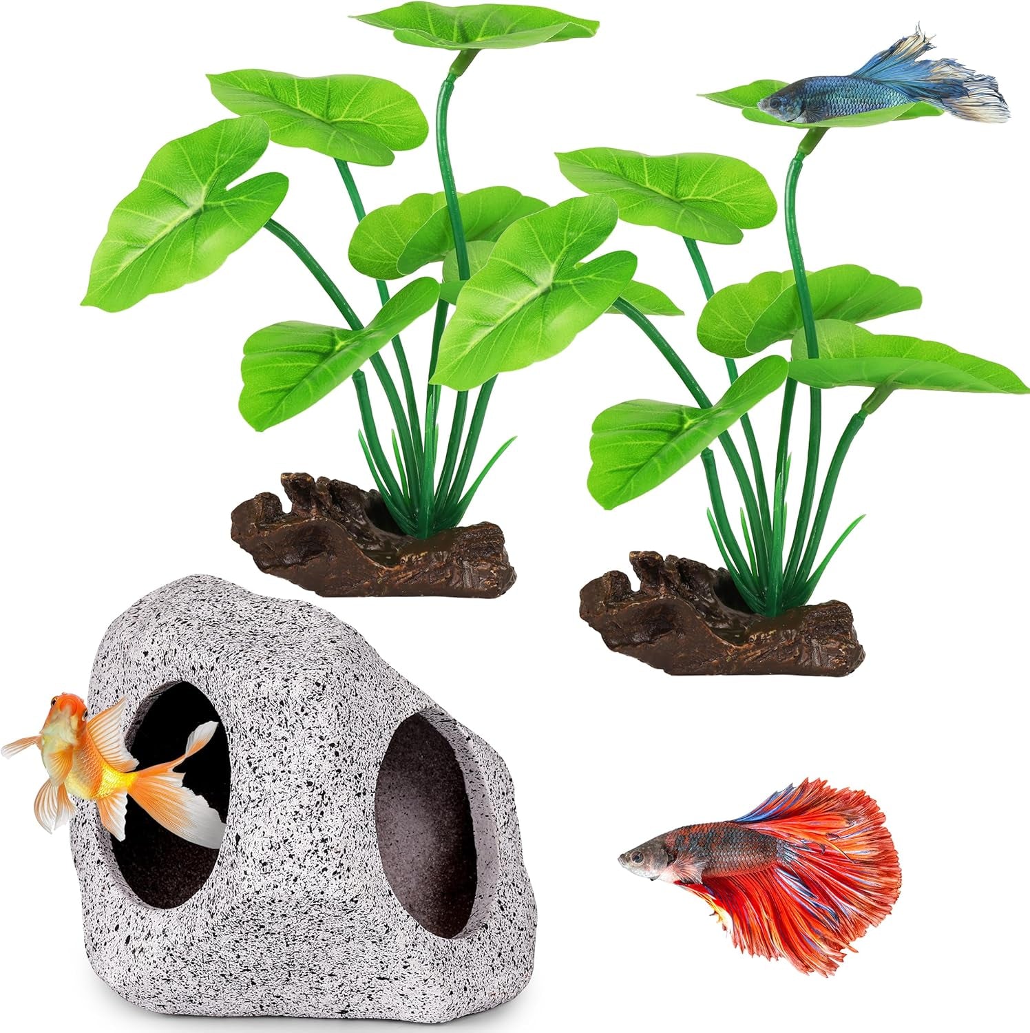 Fish Tank Decor, Silk Aquarium Plants and Hideaway Rock Cave Decor for Betta Fish Tank Accessories, Goldfish, Turtle Tank Decorations