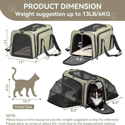 [5-Year Warranty] Petsfit Expandable Cat Dog Carrier Airline Approved, 17" L X 11" W X 11" H Soft-Sided Portable Pet Travel Carrier for Kitten, Puppy, Removable Soft Plush Mat and Pockets, Auto-Locking Zippers