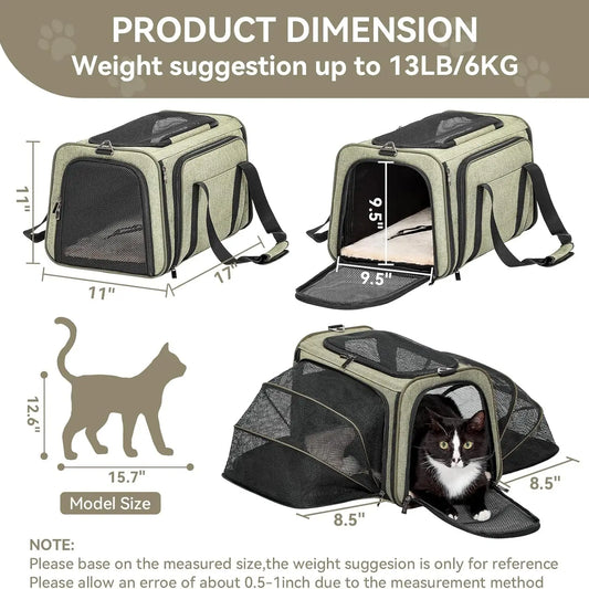 [5-Year Warranty] Petsfit Expandable Cat Dog Carrier Airline Approved, 17" L X 11" W X 11" H Soft-Sided Portable Pet Travel Carrier for Kitten, Puppy, Removable Soft Plush Mat and Pockets, Auto-Locking Zippers