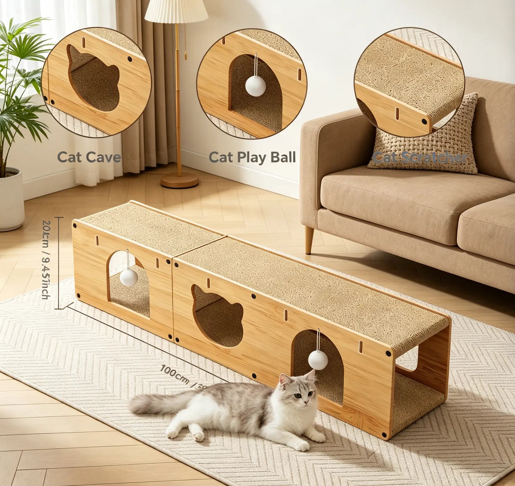 Multi-Level Cat Tunnel and Scratcher - Durable Cardboard Cat Cave with Hanging Ball Toy for Small and Medium Cats
