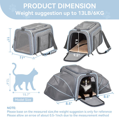 [5-Year Warranty] Petsfit Expandable Cat Dog Carrier Airline Approved, 17" L X 11" W X 11" H Soft-Sided Portable Pet Travel Carrier for Kitten, Puppy, Removable Soft Plush Mat and Pockets, Auto-Locking Zippers