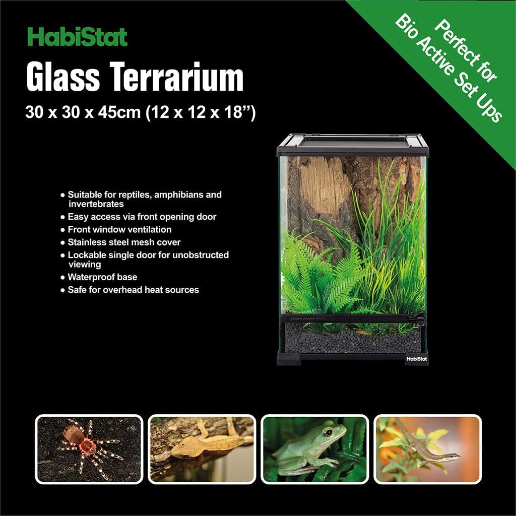 Glass Terrarium for Reptiles 12"X12"X18" – Stackable Reptile Enclosure for Inverts & Amphibians with Lock & Waterproof Base, Ideal Terrarium Tank for Chameleons, Geckos and Bioactive Setups