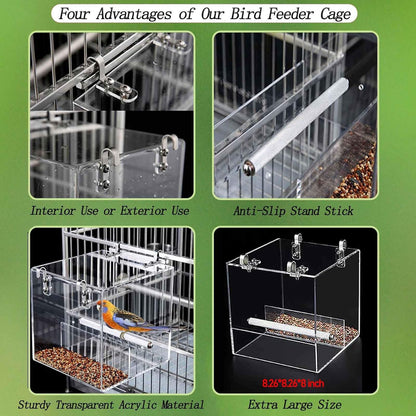 Automatic Acrylic Bird Feeder for Cage, No Mess - Small Bird Parrots, Canary, Parakeet, Budgerigar, Crested Myna, Cockatiel (XL)
