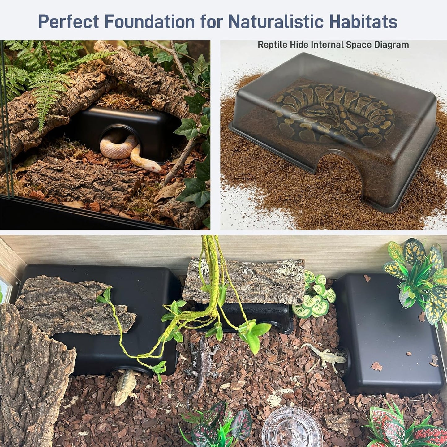 Durable Reptile Hide Box, Ball Python Hide, Leopard Gecko Hide, Bearded Dragon Hide, Easy to Clean Reptile Hides Cave for Tank, Snake Hide Enclosure (9.45" X 6.89" X 2.17" Large)