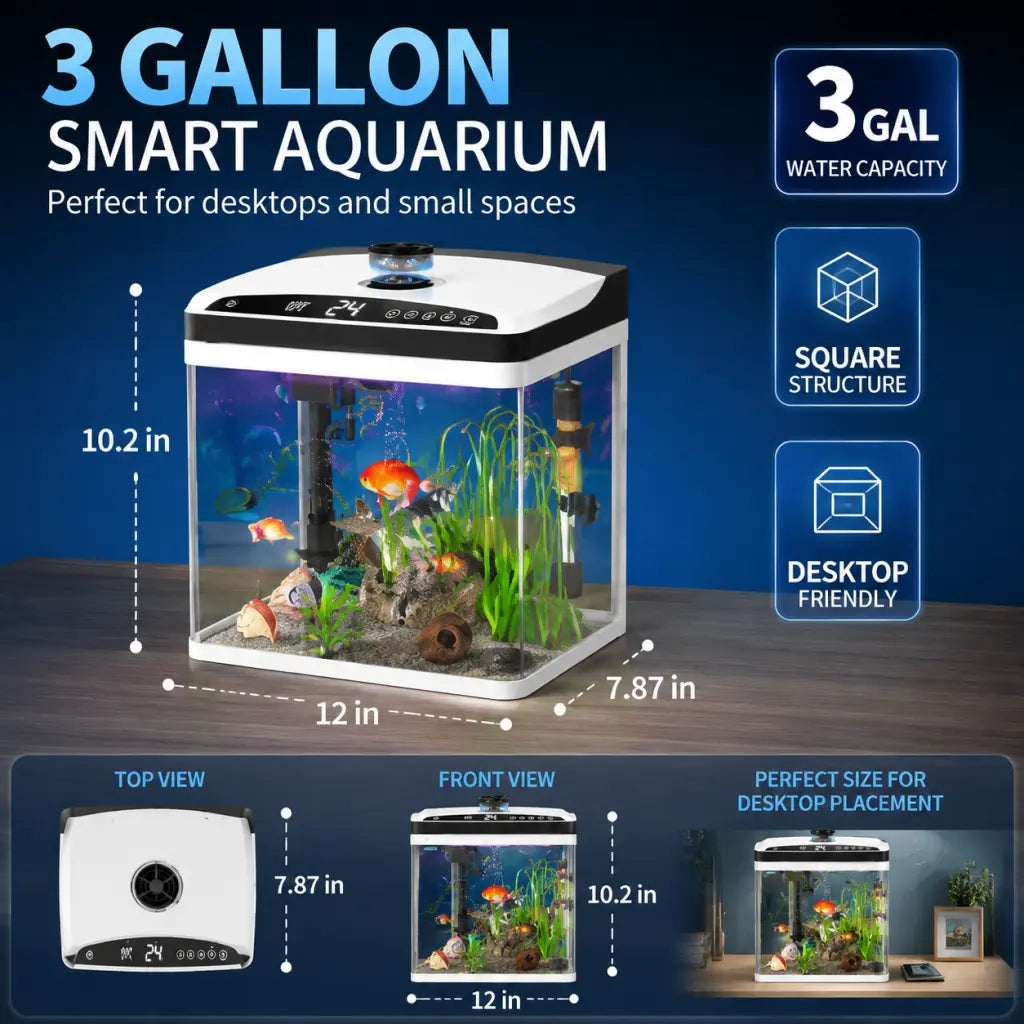 Smart Fish Tank, 3 Gallon, Purple Light Fish Tank with Temperature Time Display, Thermometer, 7 Colorful LED Small Fish Tank with Triple-Filtration, Water Cycle, Feeder Bin, Aquarium for Betta Goldfish