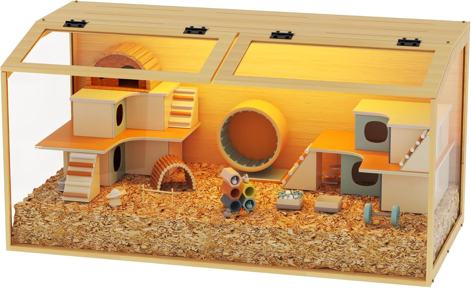 Hamster Cage: Wooden Small Animal Cage with Warm Light - 40Inch Extra Large Clear Hamster House Chewy Proof with Two Openable Breathable Top