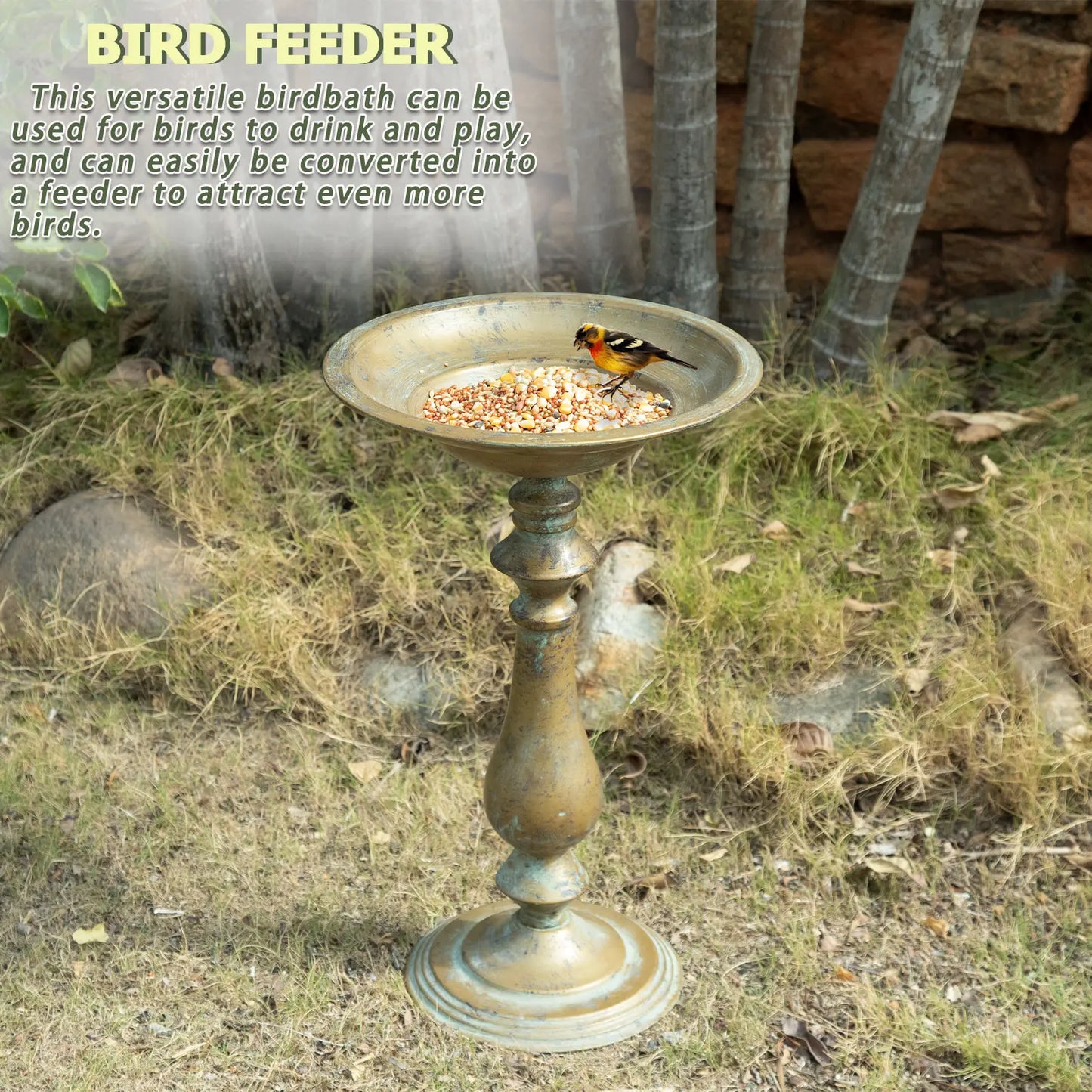 19”H Antique Pedestal Bird Bath, Bird Baths for Outdoors, Hand-Crafted Metal Bird Bath Bird Feeder Seed Tray for Garden Yard Decor (Copper)