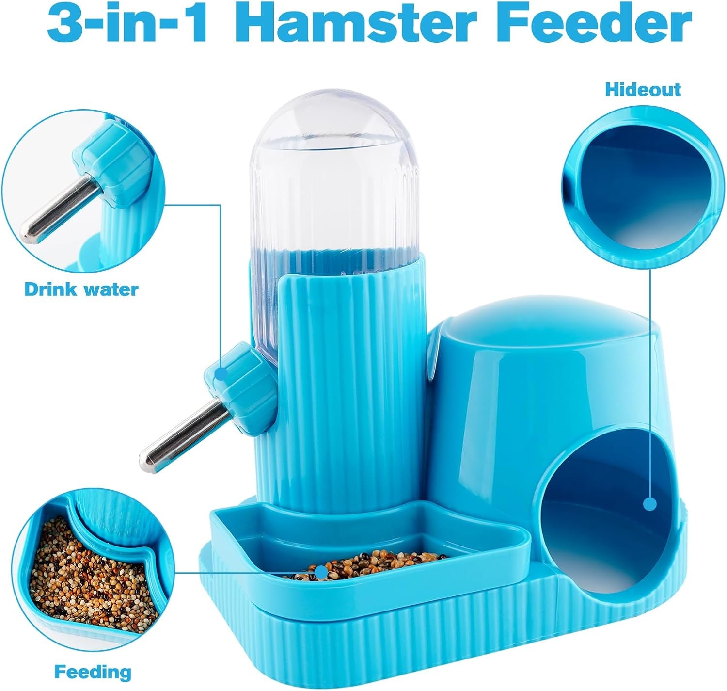 3 in 1 Multifunctional Hamster Water Bottle No Drip Gerbil 100ML Water Bottle Dispenser with Food Bowl Small Animal Auto Dispenser with Hideout Base Hamster Cage Accessories (Blue)