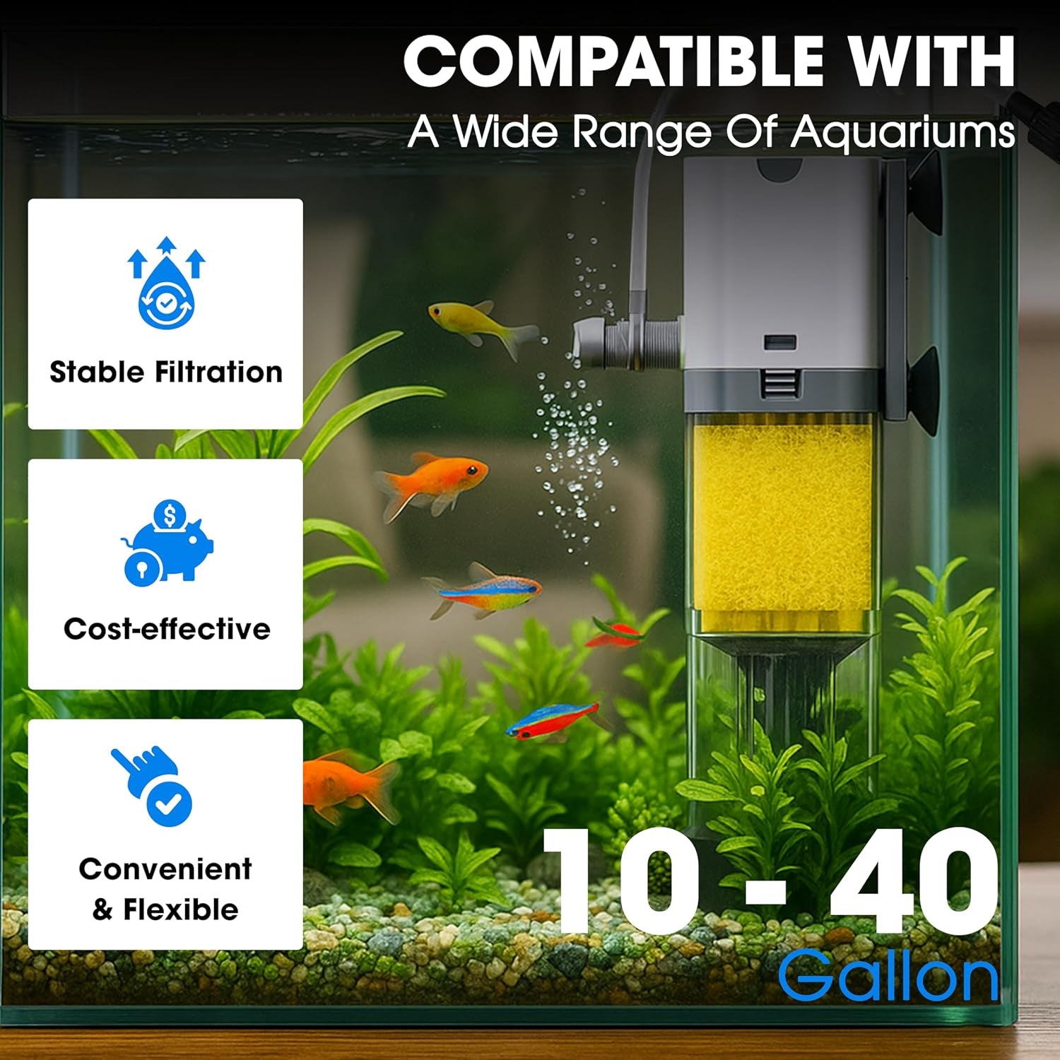 Aquarium Filter 10W for 10-40 Gallon, Internal System with Quiet 700L/H Pump, Submersible Aquarium Filter for Turtles, 10 Gallon Fish Tank Filter, Filtro Para Pecera, Clean Water Setup