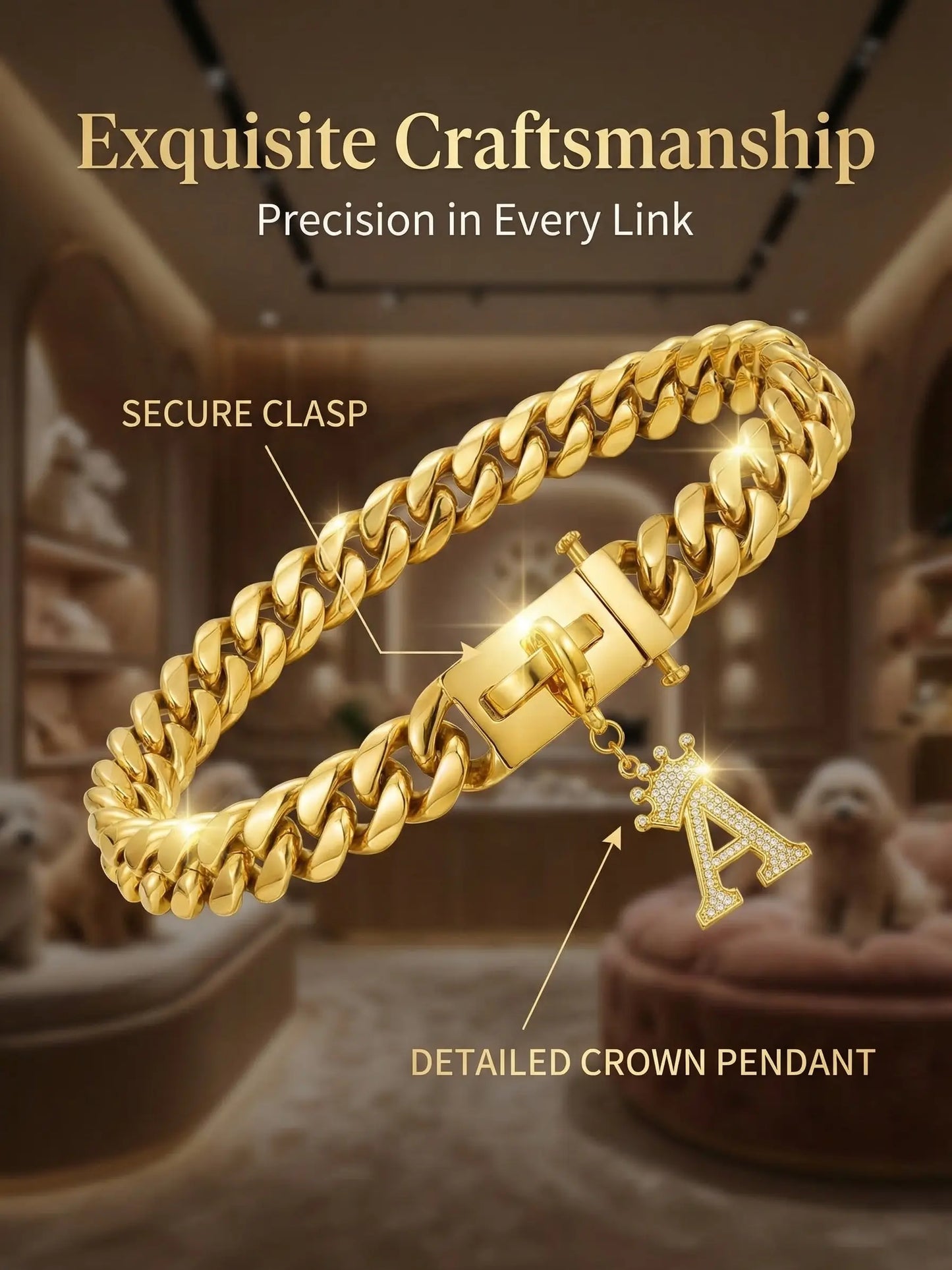 POPILY "Golden Crown" Pet Collar — Meticulously Crafted from 18K Gold-Plated Titanium Steel, Featuring a Clasp Exquisitely Set with Dazzling Cubic Zirconia. This Luxurious Collar Is Custom-Tailored for Large Dogs and Showcases a Stylish Cuban Link Design.