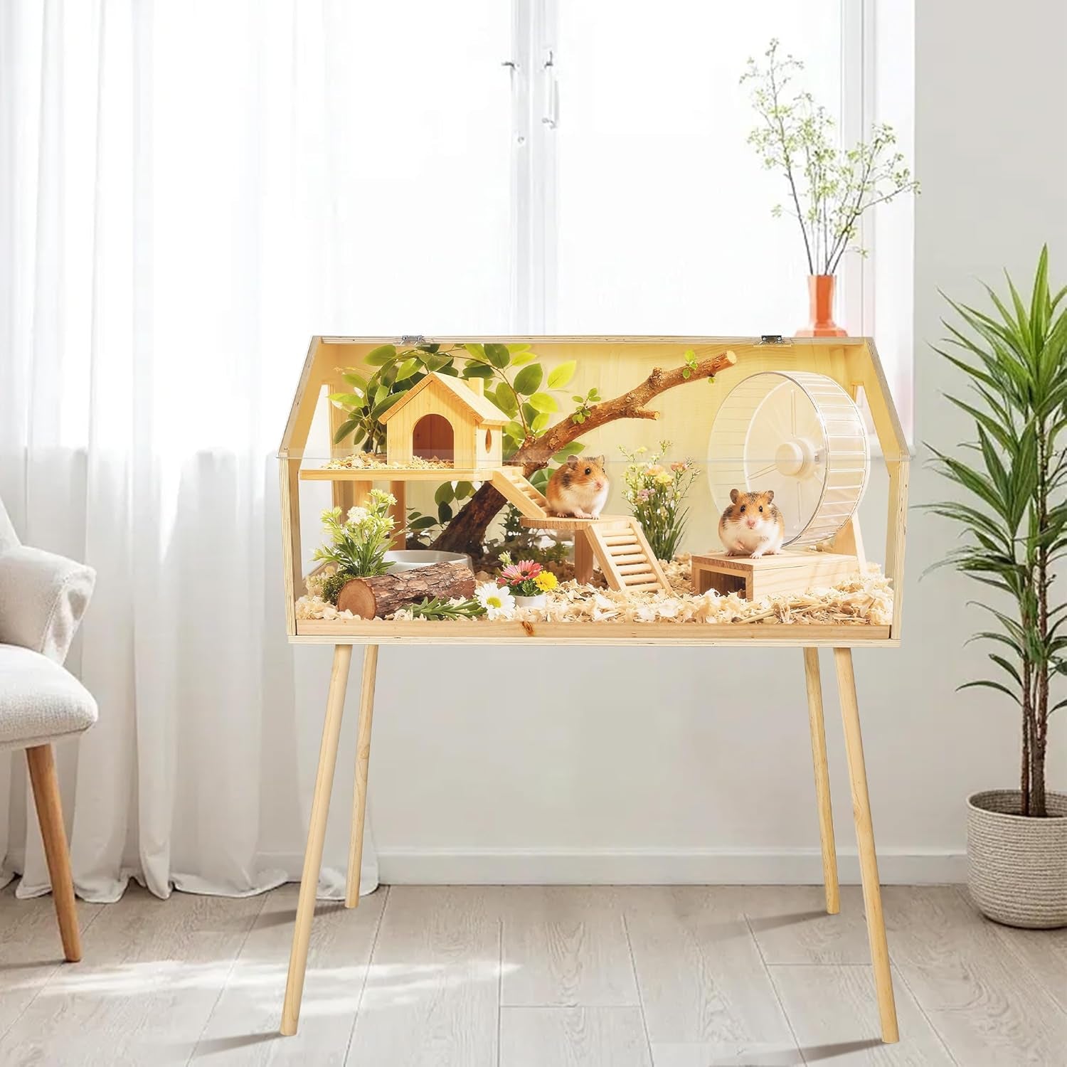 Hamster Cage with Legs, Large Syrian Hamster Habitats Enclosure with Chew Proof,Acrylic Window & Openable Top,Small Animal Cage for Guinea Pig, Chinchilla, Gerbil -32 in L X 16 in W X 40 in H