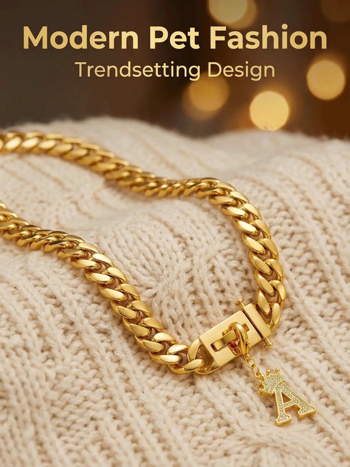 POPILY "Golden Crown" Pet Collar — Meticulously Crafted from 18K Gold-Plated Titanium Steel, Featuring a Clasp Exquisitely Set with Dazzling Cubic Zirconia. This Luxurious Collar Is Custom-Tailored for Large Dogs and Showcases a Stylish Cuban Link Design.