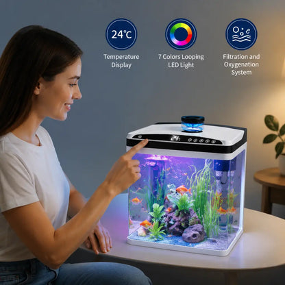 Smart Fish Tank, 3 Gallon, Purple Light Fish Tank with Temperature Time Display, Thermometer, 7 Colorful LED Small Fish Tank with Triple-Filtration, Water Cycle, Feeder Bin, Aquarium for Betta Goldfish