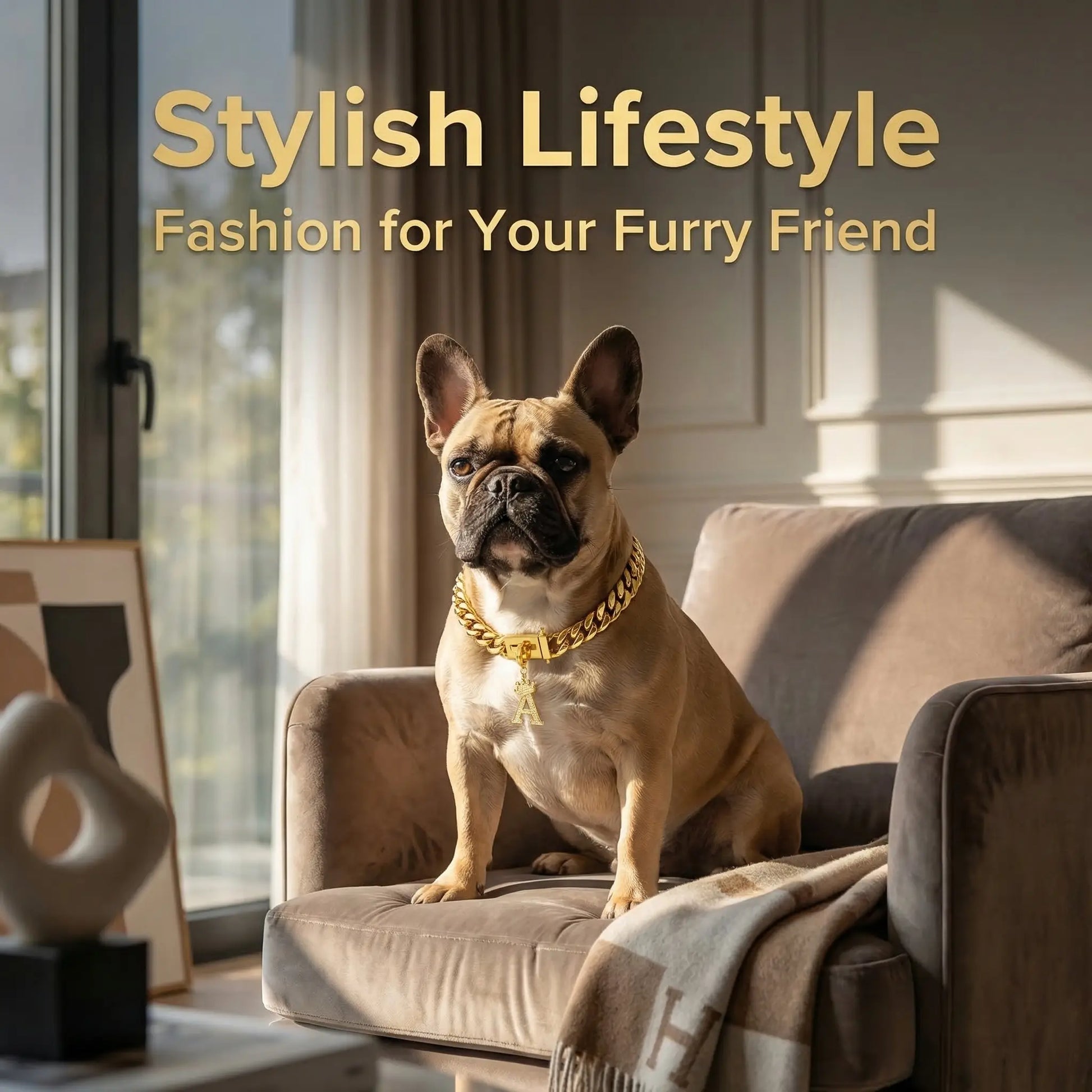 POPILY "Golden Crown" Pet Collar — Meticulously Crafted from 18K Gold-Plated Titanium Steel, Featuring a Clasp Exquisitely Set with Dazzling Cubic Zirconia. This Luxurious Collar Is Custom-Tailored for Large Dogs and Showcases a Stylish Cuban Link Design.