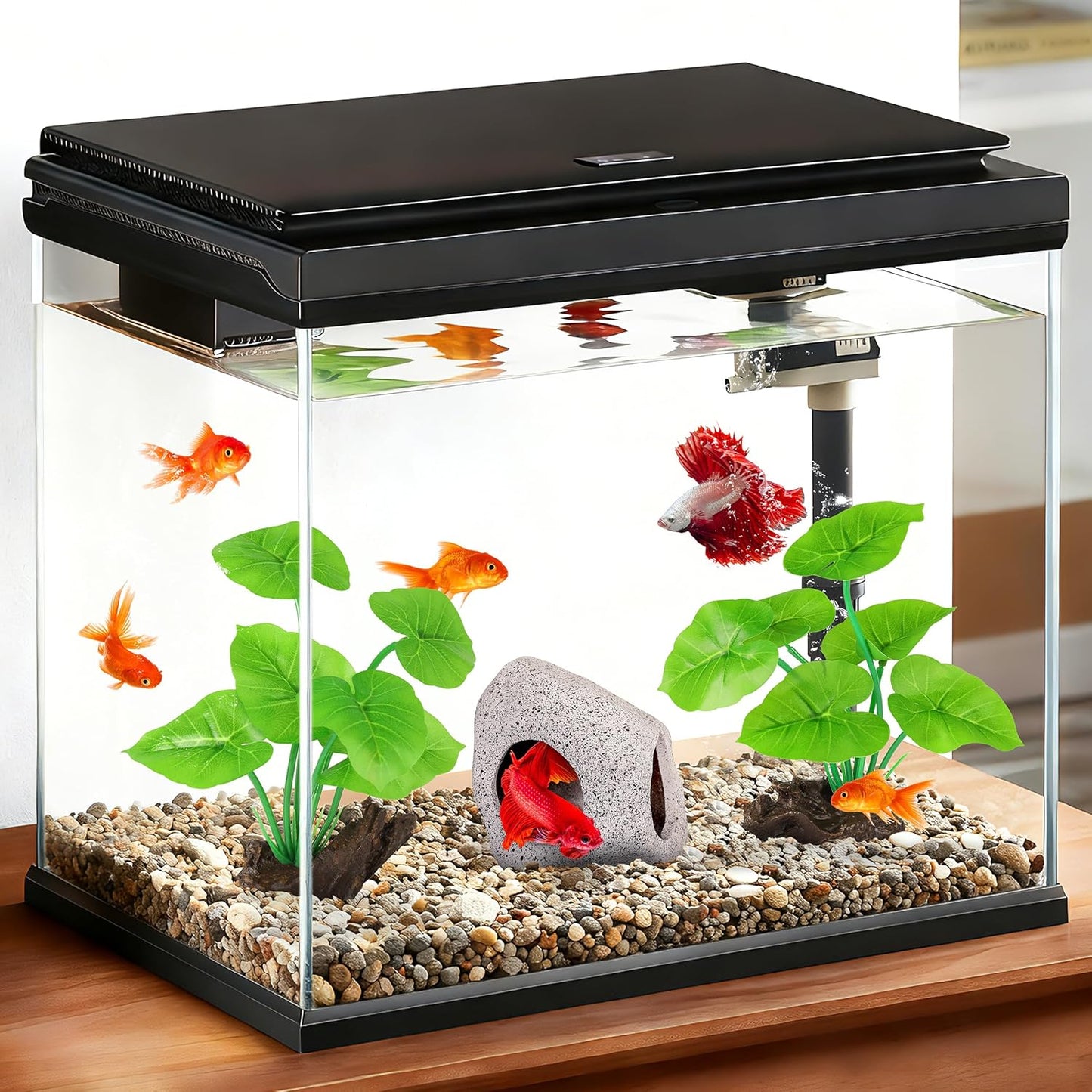 Fish Tank Decor, Silk Aquarium Plants and Hideaway Rock Cave Decor for Betta Fish Tank Accessories, Goldfish, Turtle Tank Decorations