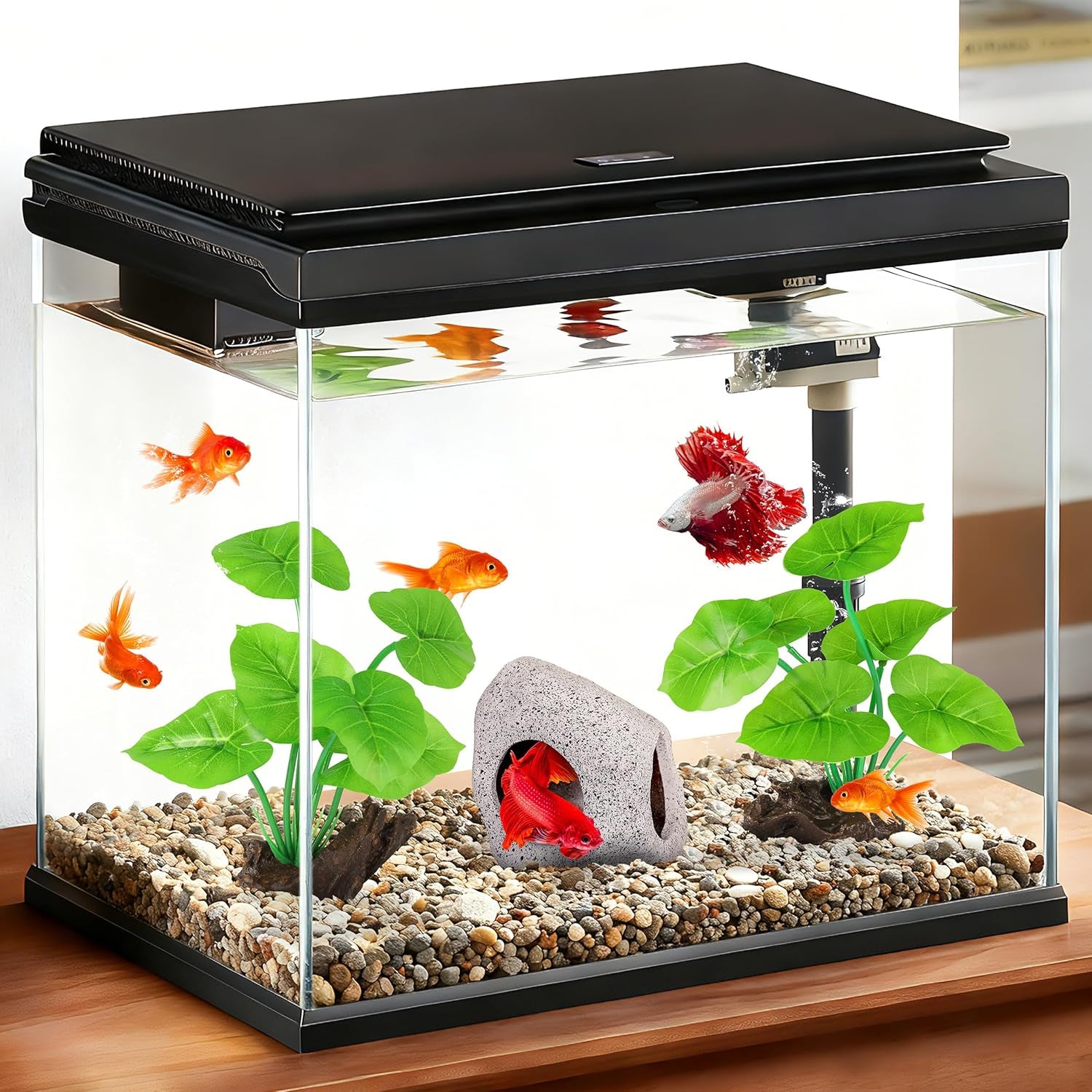 Fish Tank Decor, Silk Aquarium Plants and Hideaway Rock Cave Decor for Betta Fish Tank Accessories, Goldfish, Turtle Tank Decorations