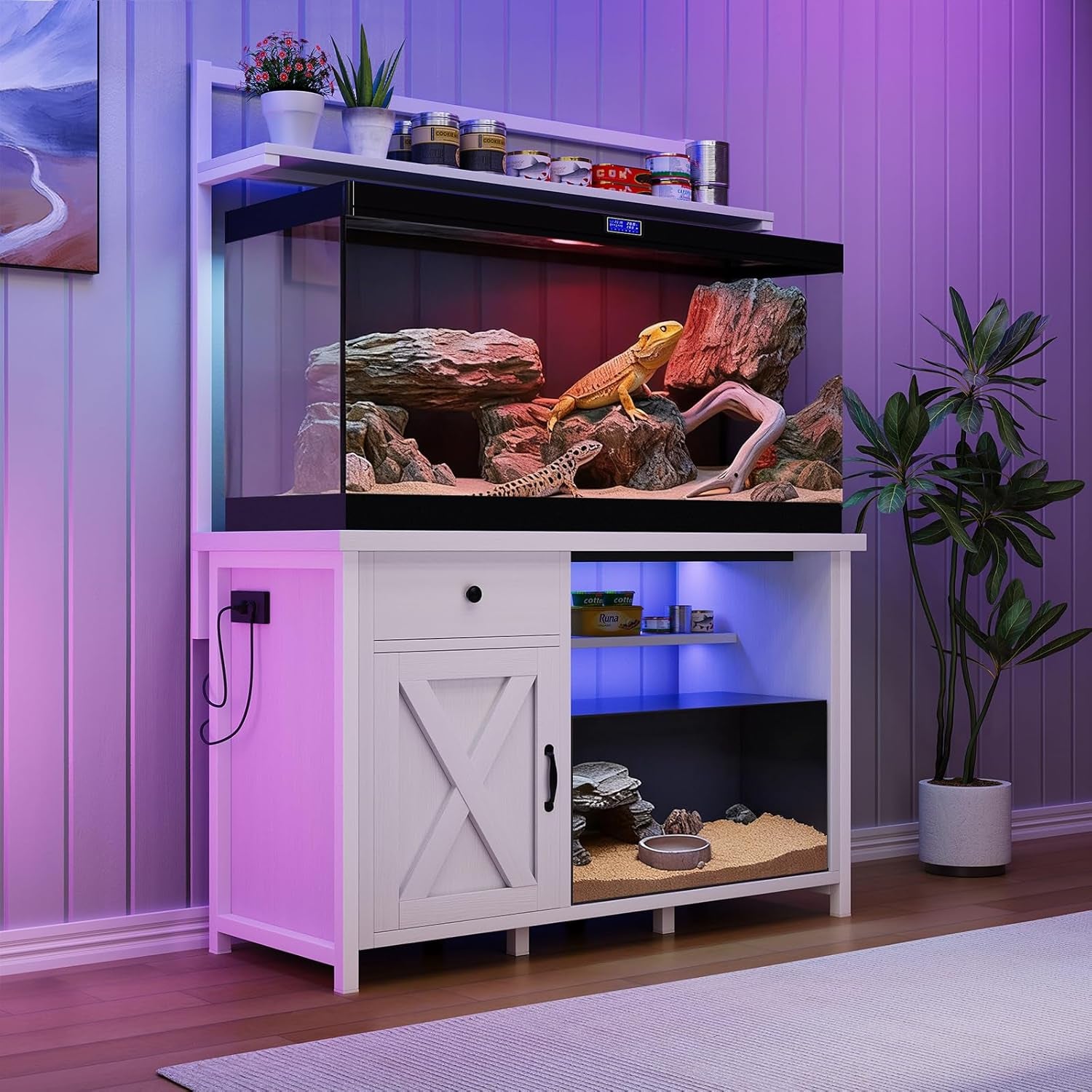 Reptile Tank Stand with Power Outlet, Terrarium Stand with Storage Cabinet, 49" X 20" Tabletop, Aquarium Stand with LED Lights, Reptile Terrarium,Turtle Tank, 1100LBS, White