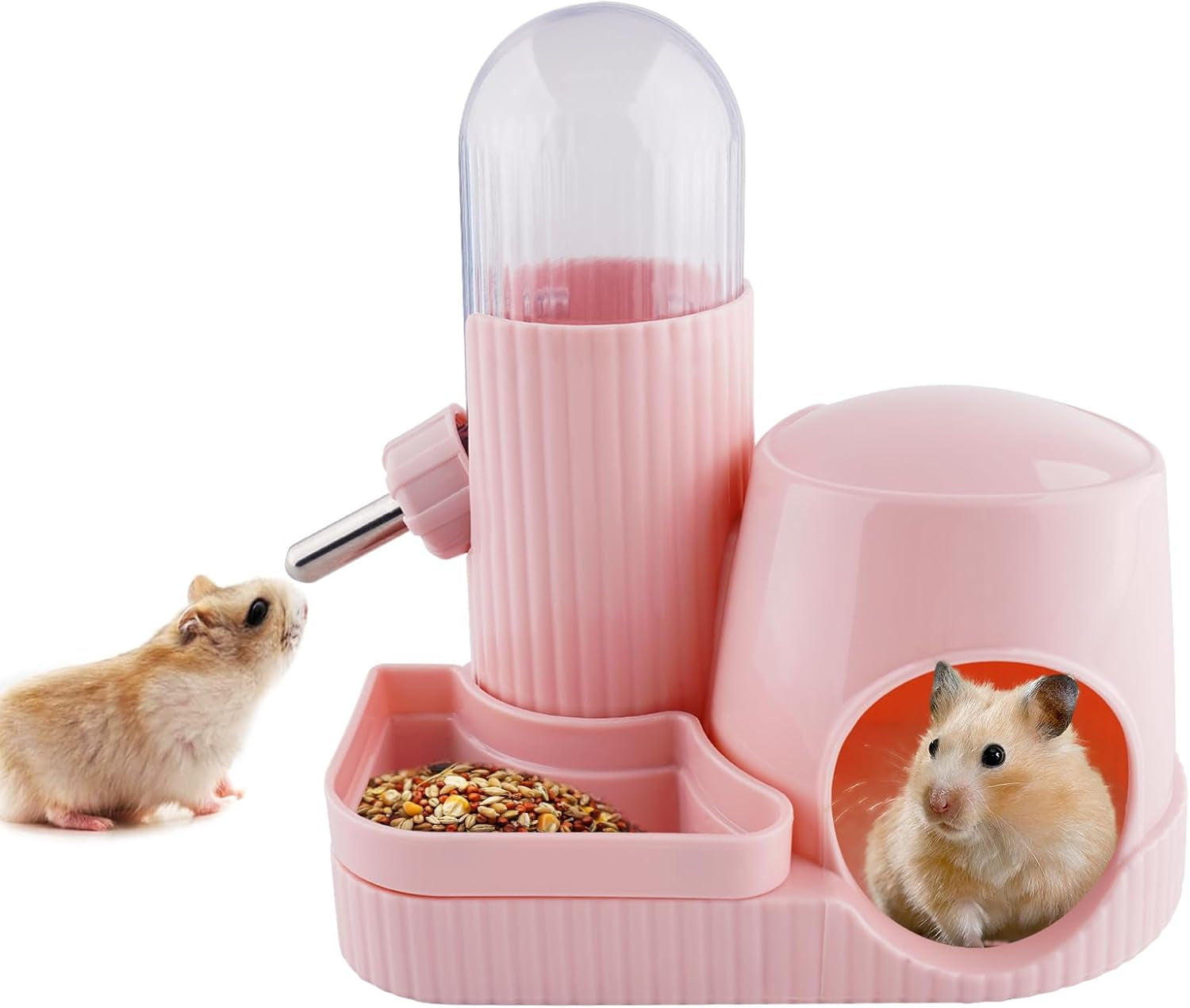 3 in 1 Multifunctional Hamster Water Bottle No Drip Gerbil 100ML Water Bottle Dispenser with Food Bowl Small Animal Auto Dispenser with Hideout Base Hamster Cage Accessories (Pink)