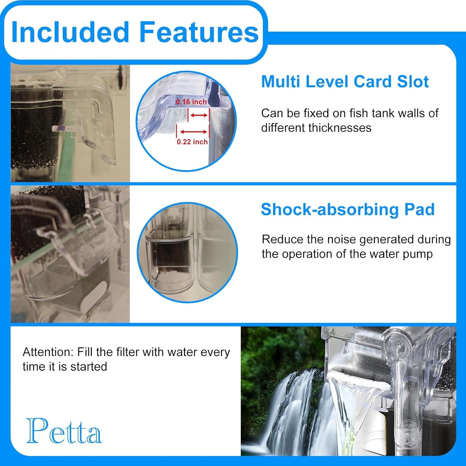 Quiet Aquarium Filter for Betta, Slim HOB Fish Tank Filter for 3-10 Gal Planted Aquariums & Aquascaping with 1 Pre-Filter Sponge ，Adjustable Flow，250L/H