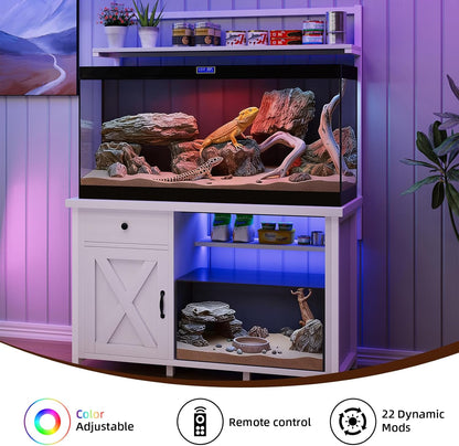 Reptile Tank Stand with Power Outlet, Terrarium Stand with Storage Cabinet, 49" X 20" Tabletop, Aquarium Stand with LED Lights, Reptile Terrarium,Turtle Tank, 1100LBS, White