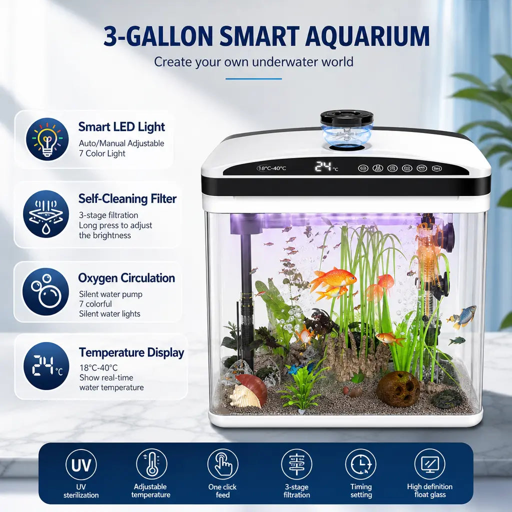 Smart Fish Tank, 3 Gallon, Purple Light Fish Tank with Temperature Time Display, Thermometer, 7 Colorful LED Small Fish Tank with Triple-Filtration, Water Cycle, Feeder Bin, Aquarium for Betta Goldfish