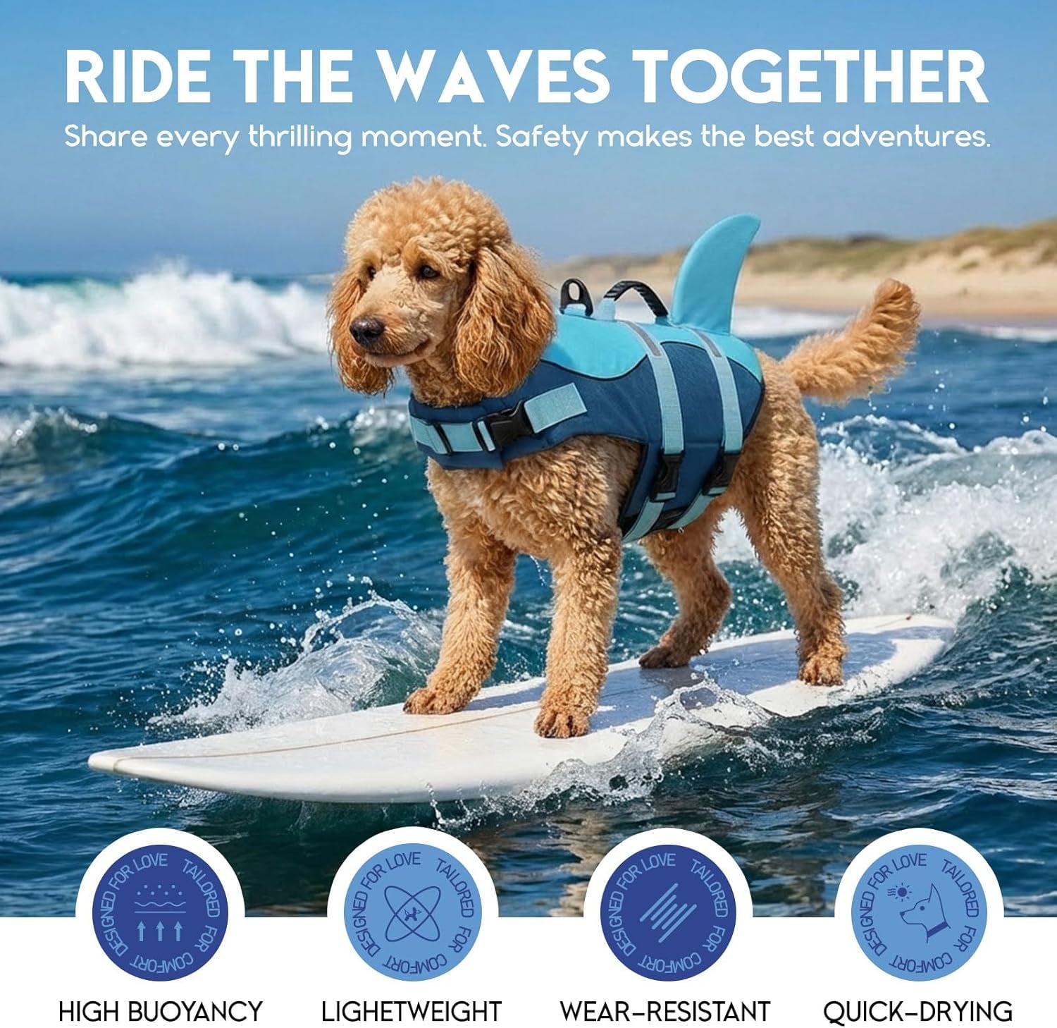 Dog Life Jacket - Pet Safety Vest for Swimming & Boating, Shark Life Jacket with Floatation, Dog Lifesavers Swimsuits for Small Medium Large Dogs (Deepblue, XL)