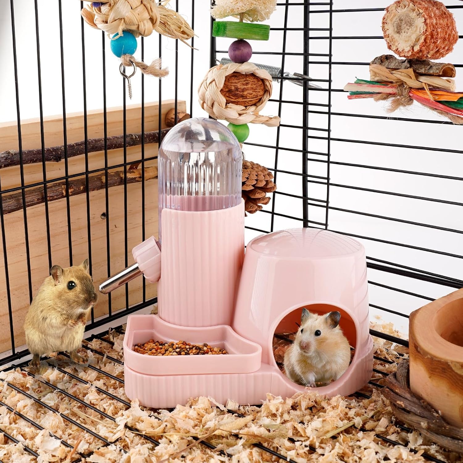 3 in 1 Multifunctional Hamster Water Bottle No Drip Gerbil 100ML Water Bottle Dispenser with Food Bowl Small Animal Auto Dispenser with Hideout Base Hamster Cage Accessories (Pink)