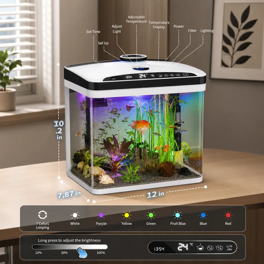 Smart Fish Tank, 3 Gallon, Purple Light Fish Tank with Temperature Time Display, Thermometer, 7 Colorful LED Small Fish Tank with Triple-Filtration, Water Cycle, Feeder Bin, Aquarium for Betta Goldfish