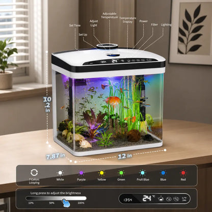 Smart Fish Tank, 3 Gallon, Purple Light Fish Tank with Temperature Time Display, Thermometer, 7 Colorful LED Small Fish Tank with Triple-Filtration, Water Cycle, Feeder Bin, Aquarium for Betta Goldfish