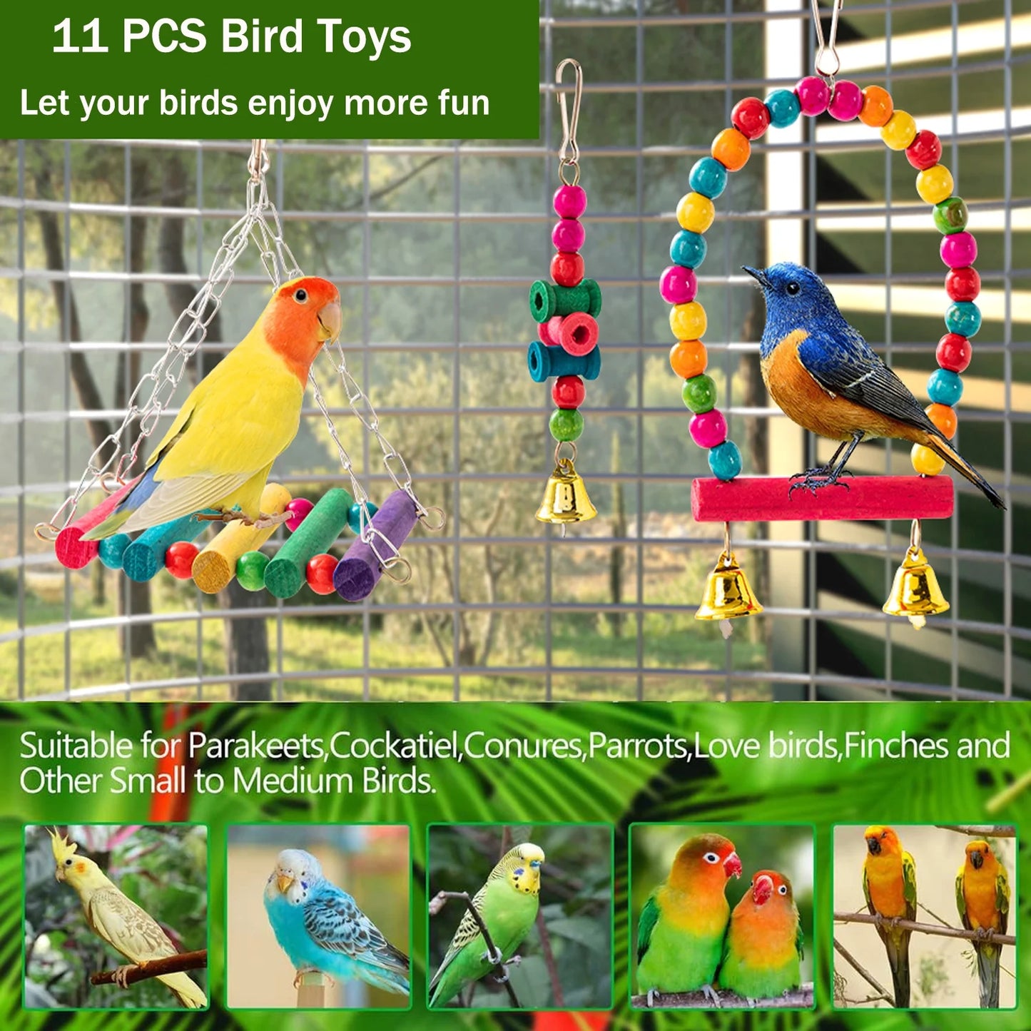 11PCS Bird Toys Parakeet Toys, Colorful Parrot Toy for Small Parakeets Cockatiels Conures Finches Swing Chewing Hanging Bell Cage Hammock Toy