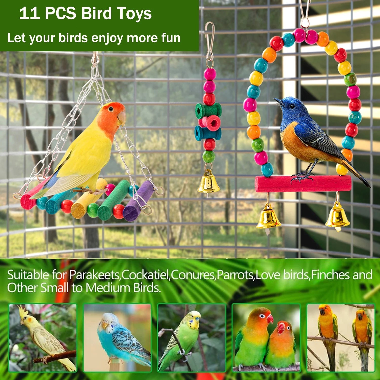 11PCS Bird Toys Parakeet Toys, Colorful Parrot Toy for Small Parakeets Cockatiels Conures Finches Swing Chewing Hanging Bell Cage Hammock Toy