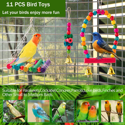 11PCS Bird Toys Parakeet Toys, Colorful Parrot Toy for Small Parakeets Cockatiels Conures Finches Swing Chewing Hanging Bell Cage Hammock Toy