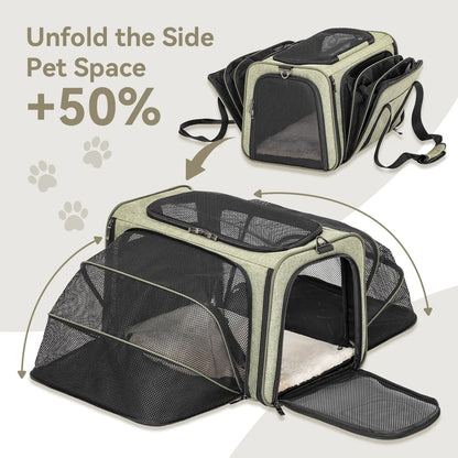 [5-Year Warranty] Petsfit Expandable Cat Dog Carrier Airline Approved, 17" L X 11" W X 11" H Soft-Sided Portable Pet Travel Carrier for Kitten, Puppy, Removable Soft Plush Mat and Pockets, Auto-Locking Zippers