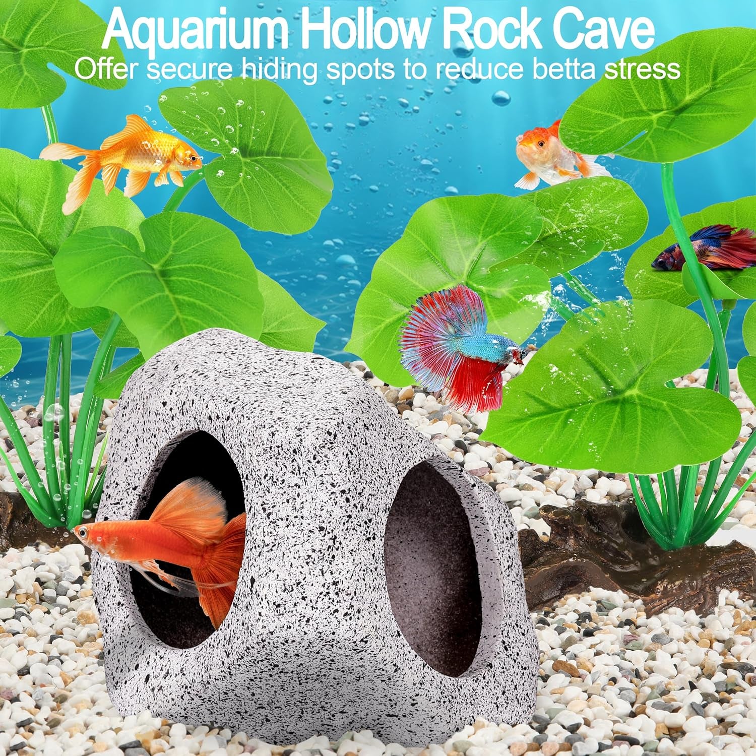 Fish Tank Decor, Silk Aquarium Plants and Hideaway Rock Cave Decor for Betta Fish Tank Accessories, Goldfish, Turtle Tank Decorations