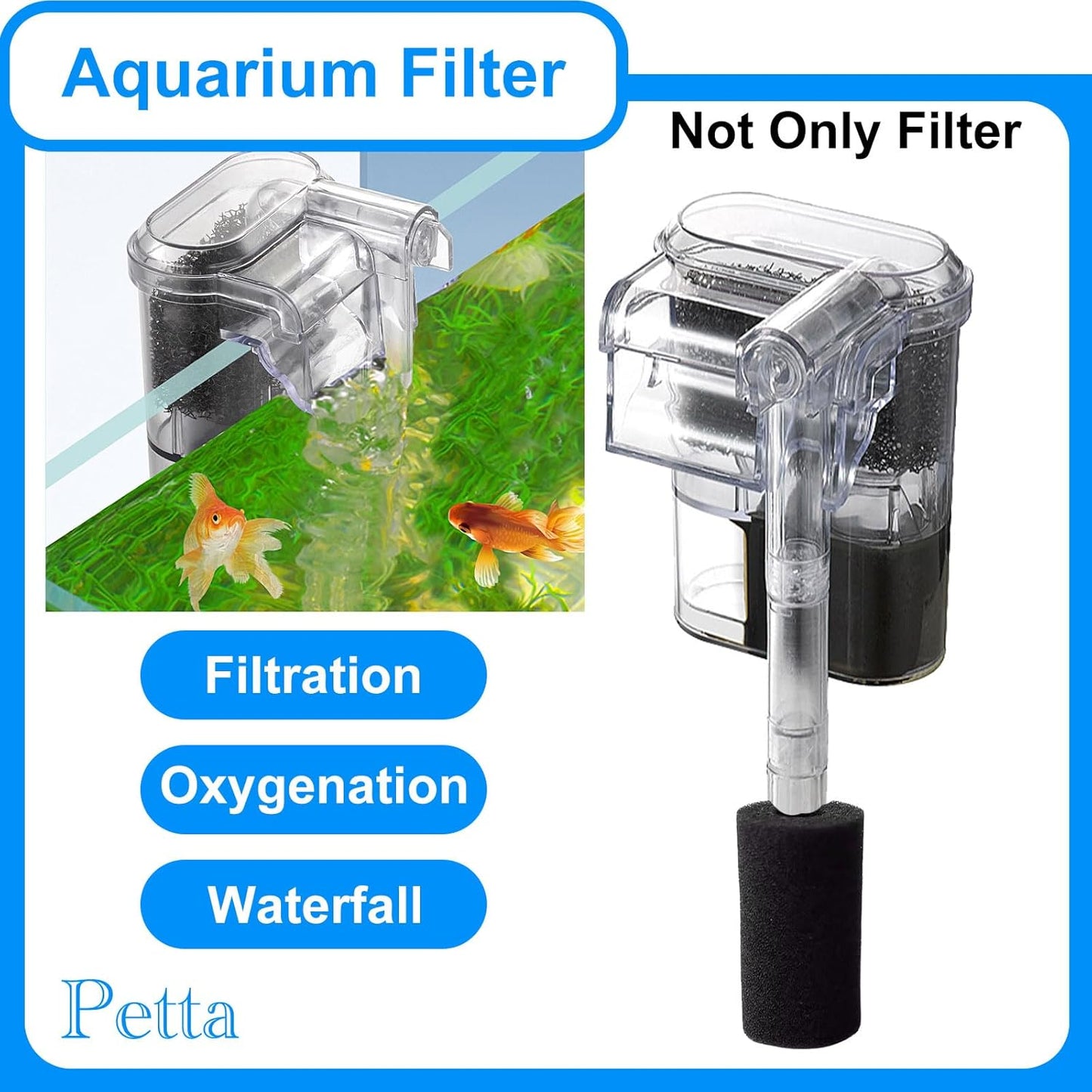 Quiet Aquarium Filter for Betta, Slim HOB Fish Tank Filter for 3-10 Gal Planted Aquariums & Aquascaping with 1 Pre-Filter Sponge ，Adjustable Flow，250L/H