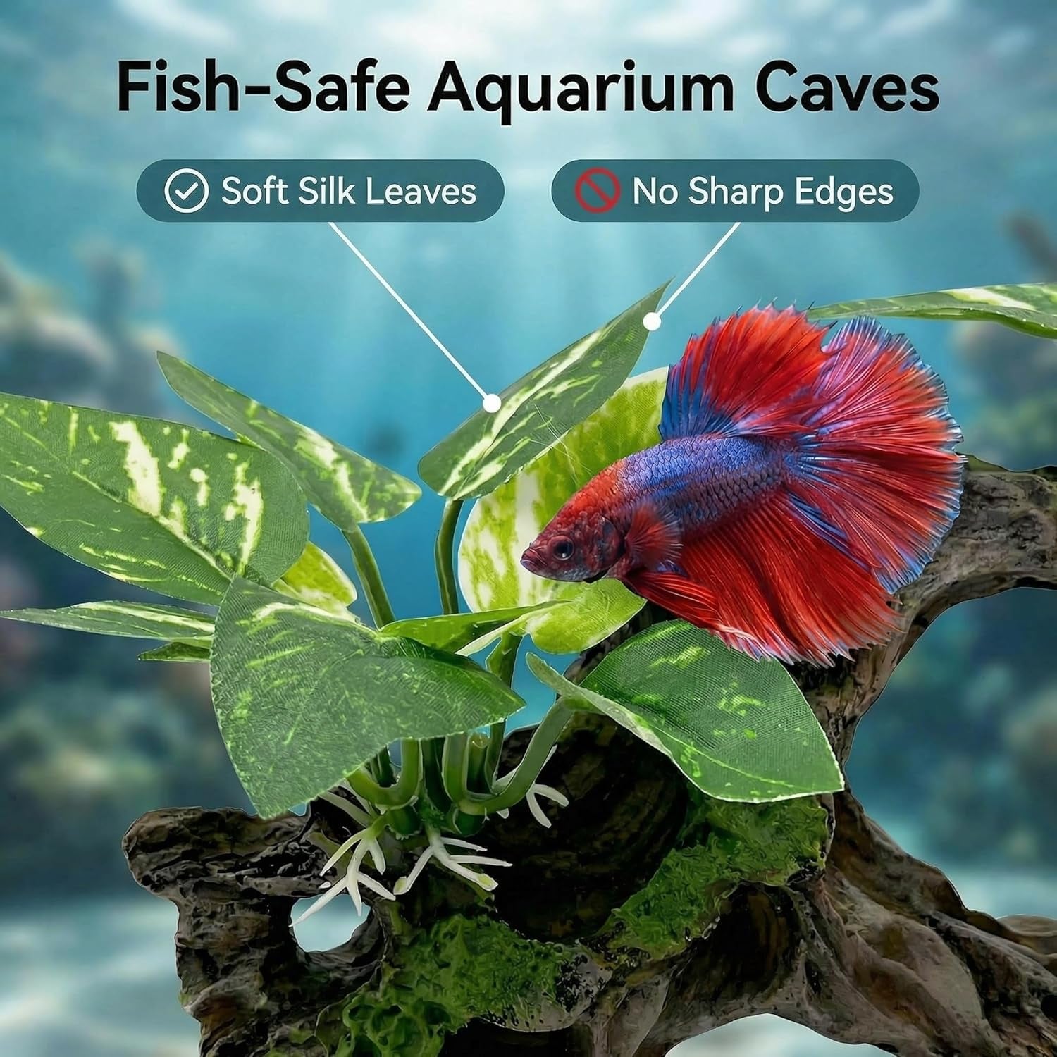 Aquarium Decorations Cave Silk Aquarium Plants Betta Fish Tank Decor Ornament, Soft & Safe Fish Tank Accessories, Goldfish Bowl Decor Artificial Driftwood