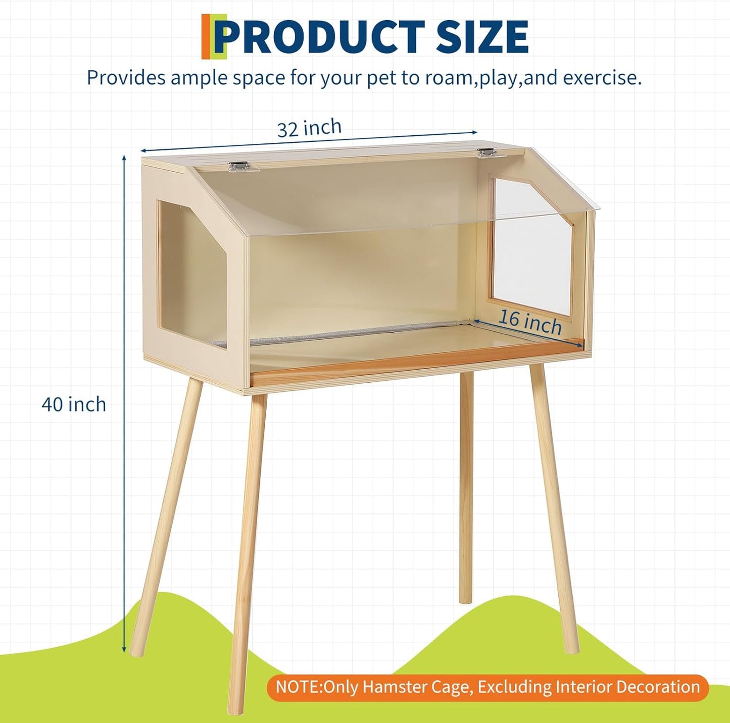 Hamster Cage with Legs, Large Syrian Hamster Habitats Enclosure with Chew Proof,Acrylic Window & Openable Top,Small Animal Cage for Guinea Pig, Chinchilla, Gerbil -32 in L X 16 in W X 40 in H
