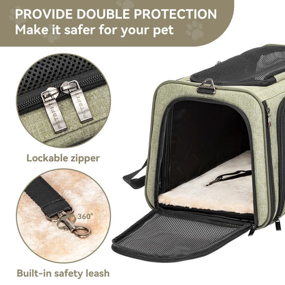 [5-Year Warranty] Petsfit Expandable Cat Dog Carrier Airline Approved, 17" L X 11" W X 11" H Soft-Sided Portable Pet Travel Carrier for Kitten, Puppy, Removable Soft Plush Mat and Pockets, Auto-Locking Zippers