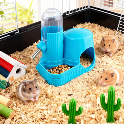 3 in 1 Multifunctional Hamster Water Bottle No Drip Gerbil 100ML Water Bottle Dispenser with Food Bowl Small Animal Auto Dispenser with Hideout Base Hamster Cage Accessories (Blue)