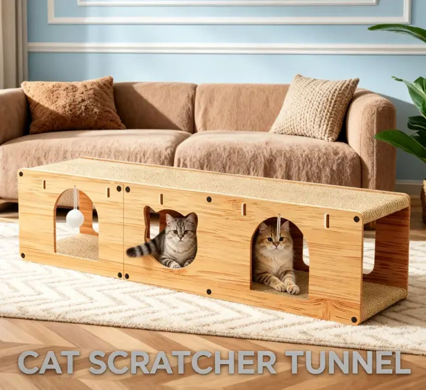 Multi-Level Cat Tunnel and Scratcher - Durable Cardboard Cat Cave with Hanging Ball Toy for Small and Medium Cats