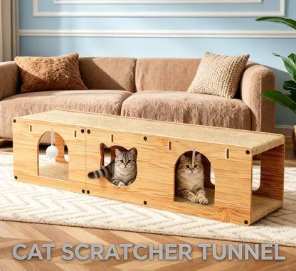 Multi-Level Cat Tunnel and Scratcher - Durable Cardboard Cat Cave with Hanging Ball Toy for Small and Medium Cats